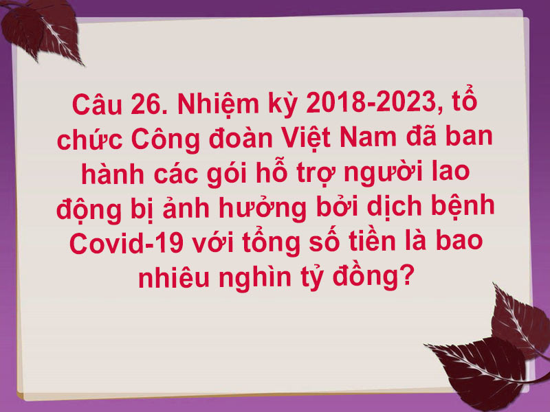 Câu 26. Nhiệm kỳ 2018-2023, tổ chức Công đoàn Việt Nam đã ban hành các gói hỗ trợ người lao động bị ảnh hưởng bởi dịch bệnh Covid-19 với tổng số tiền là bao nhiêu nghìn tỷ đồng?